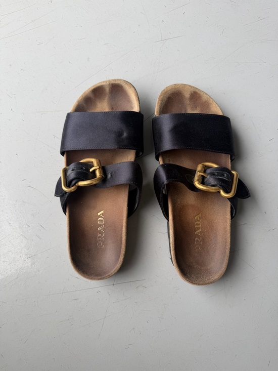 Prada Shoes - Prada Black Leather Slide Sandals with Gold Buckles